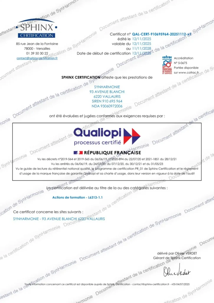 Image du certificat Qualiopi de l'organisme de formation SynHarmonie